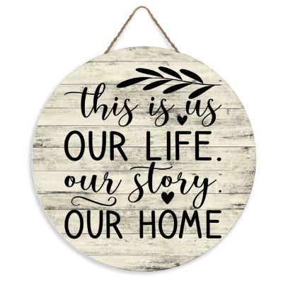 12" Round Wooden Sign for Front Door Decor This Is Us Our Life Our Story Our Home Hanging Wood Plaque Door Hanger for Farmhouse Living Room Bedroom Dining Room Kitchen Garden Ready to Hang Wall Art
