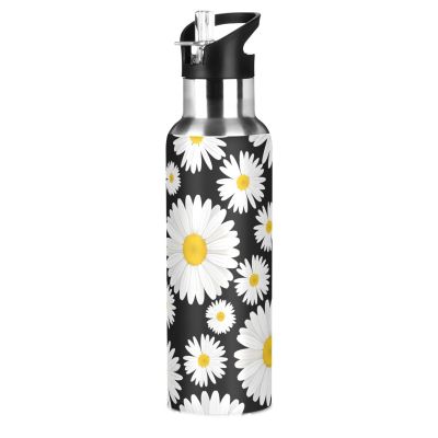 Daisy Water Bottle Daisies Black White Water Bottle Kids Bottle with Straw Lid Kids Insulated Stainless Steel Water Flask Leakproof Bottle 20 oz