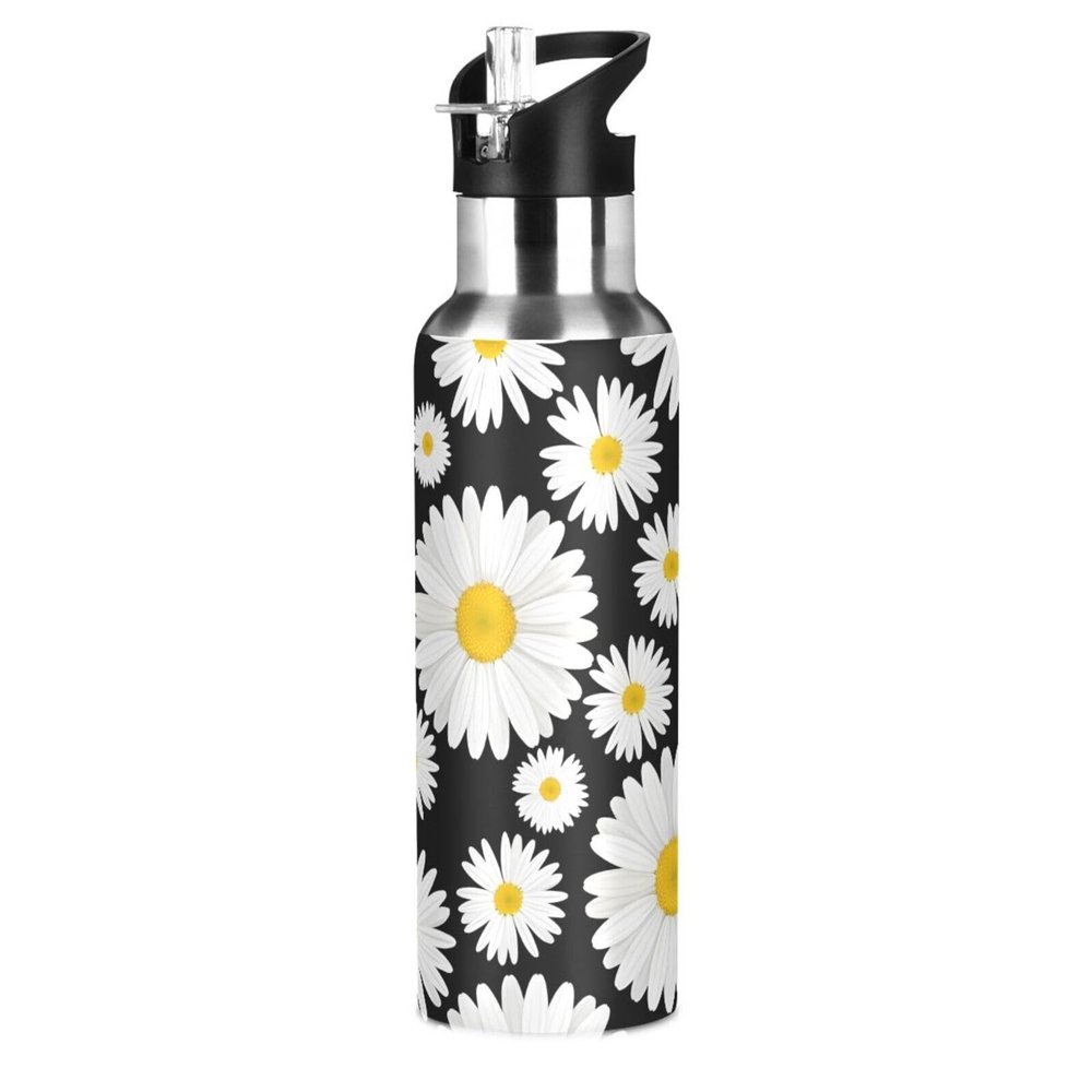 Daisy Water Bottle Daisies Black White Water Bottle Kids Bottle with Straw Lid Kids Insulated Stainless Steel Water Flask Leakproof Bottle 20 oz