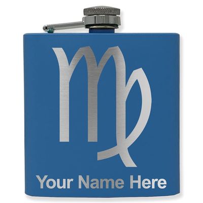 6oz Stainless Steel Flask, Zodiac Sign Virgo, Personalized Engraving Included (Dark Blue)