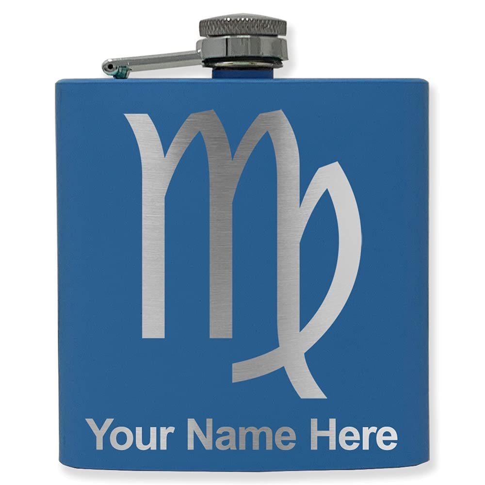 6oz Stainless Steel Flask, Zodiac Sign Virgo, Personalized Engraving Included (Dark Blue)