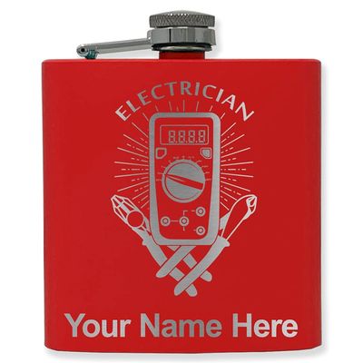 6oz Stainless Steel Flask, Electrician, Personalized Engraving Included (Red)