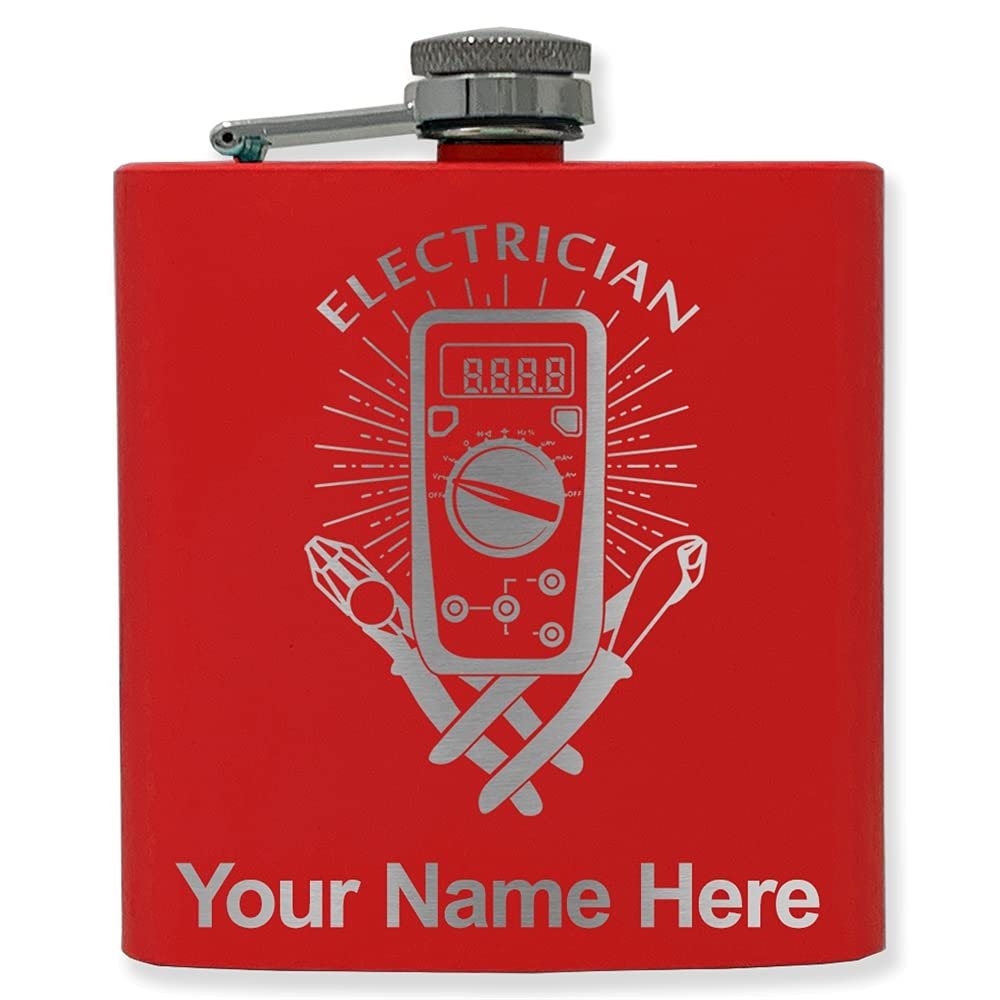 6oz Stainless Steel Flask, Electrician, Personalized Engraving Included (Red)