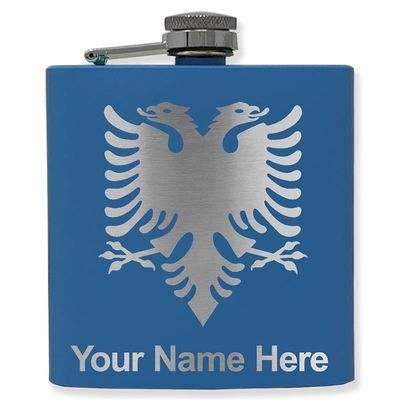 6oz Stainless Steel Flask, Flag of Albania, Personalized Engraving Included (Dark Blue)