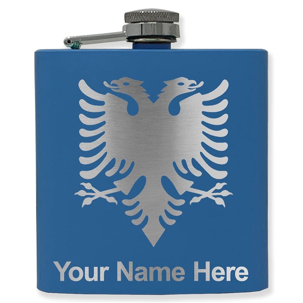 6oz Stainless Steel Flask, Flag of Albania, Personalized Engraving Included (Dark Blue)