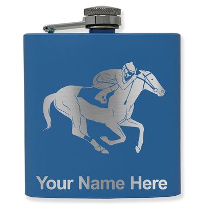 6oz Stainless Steel Flask, Horse Racing, Personalized Engraving Included (Dark Blue)