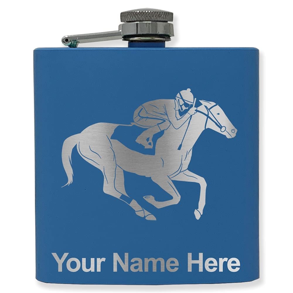 6oz Stainless Steel Flask, Horse Racing, Personalized Engraving Included (Dark Blue)