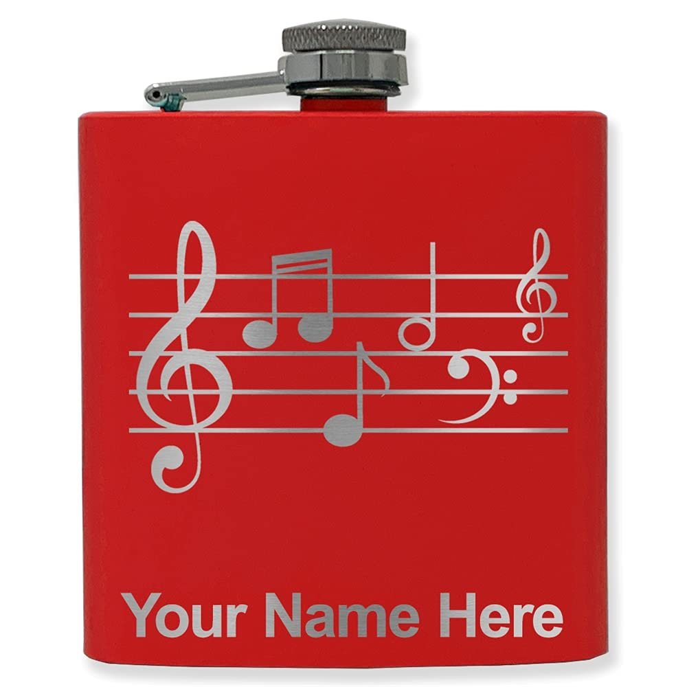 6oz Stainless Steel Flask, Music Staff, Personalized Engraving Included (Red)
