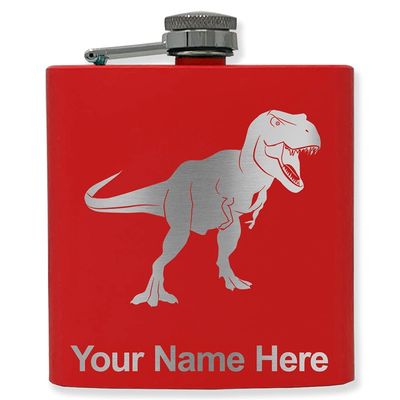 6oz Stainless Steel Flask, Tyrannosaurus Rex Dinosaur, Personalized Engraving Included (Red)