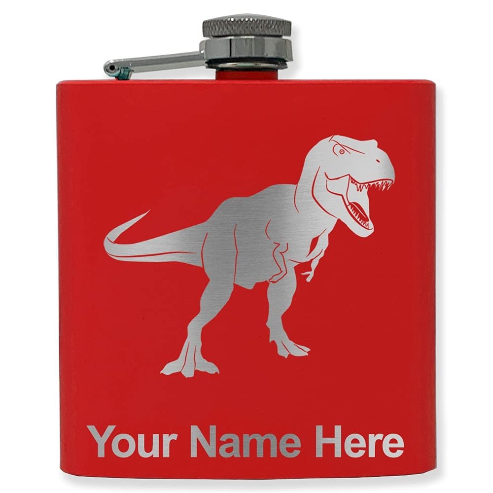 6oz Stainless Steel Flask, Tyrannosaurus Rex Dinosaur, Personalized Engraving Included (Red)