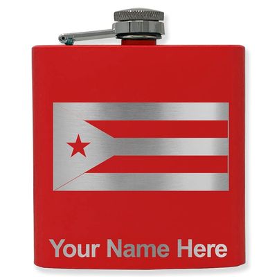6oz Stainless Steel Flask, Flag of Cuba, Personalized Engraving Included (Red)