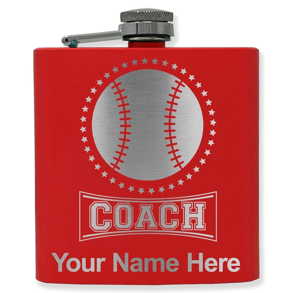 6oz Stainless Steel Flask, Baseball Coach, Personalized Engraving Included (Red)