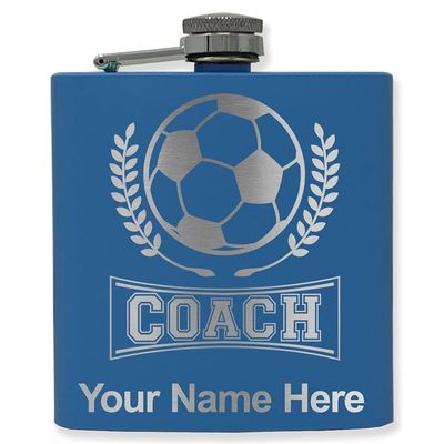 6oz Stainless Steel Flask, Soccer Coach, Personalized Engraving Included (Dark Blue)