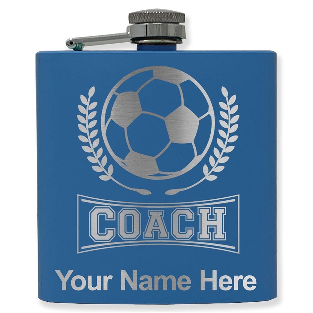 6oz Stainless Steel Flask, Soccer Coach, Personalized Engraving Included (Dark Blue)