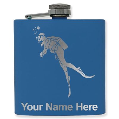 6oz Stainless Steel Flask, Scuba Diver, Personalized Engraving Included (Dark Blue)