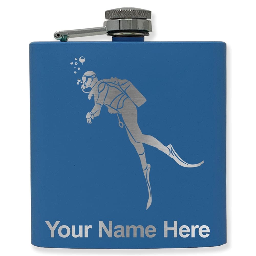 6oz Stainless Steel Flask, Scuba Diver, Personalized Engraving Included (Dark Blue)