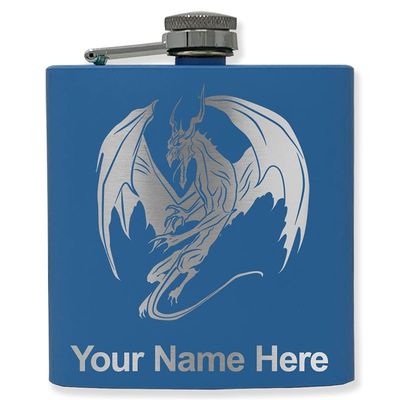 6oz Stainless Steel Flask, Dragon, Personalized Engraving Included (Dark Blue)