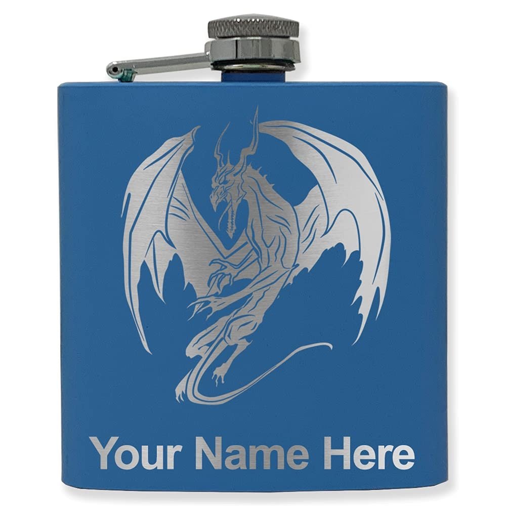 6oz Stainless Steel Flask, Dragon, Personalized Engraving Included (Dark Blue)