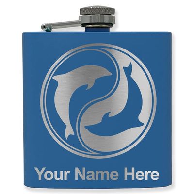 6oz Stainless Steel Flask, Dolphin Yin Yang, Personalized Engraving Included (Dark Blue)