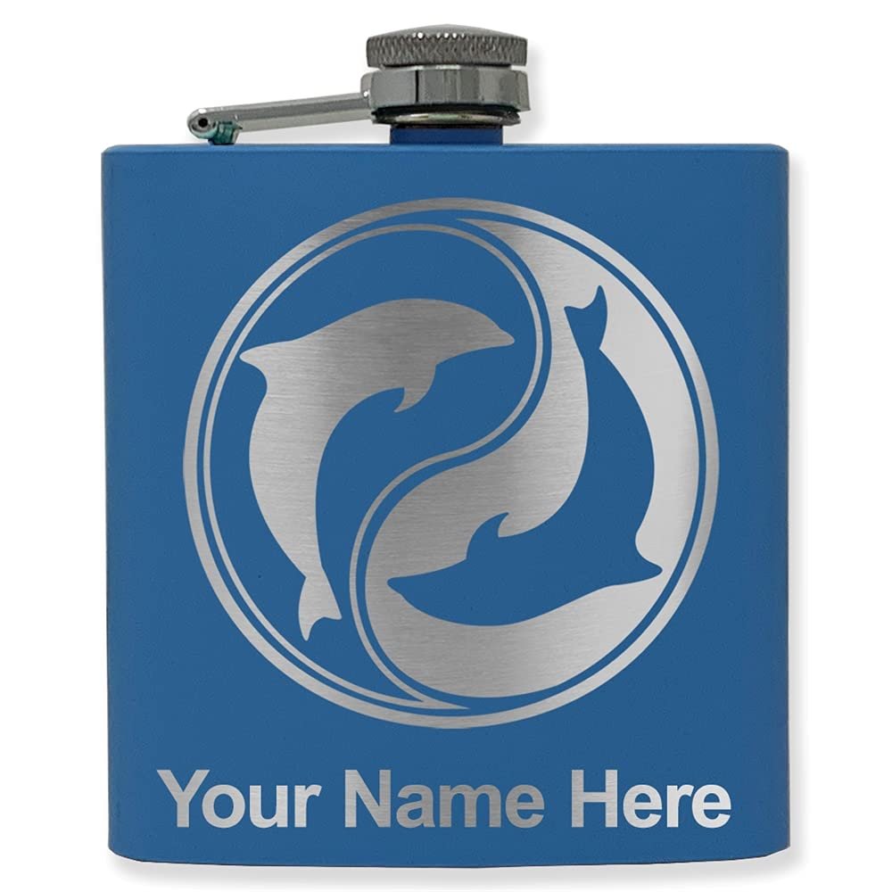 6oz Stainless Steel Flask, Dolphin Yin Yang, Personalized Engraving Included (Dark Blue)