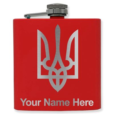 6oz Stainless Steel Flask, Flag of Ukraine, Personalized Engraving Included (Red)