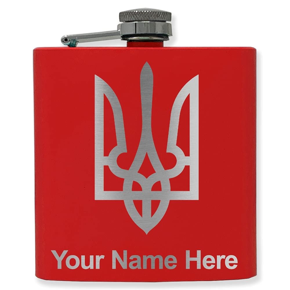 6oz Stainless Steel Flask, Flag of Ukraine, Personalized Engraving Included (Red)