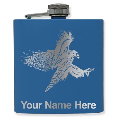 6oz Stainless Steel Flask, Hawk, Personalized Engraving Included (Dark Blue)