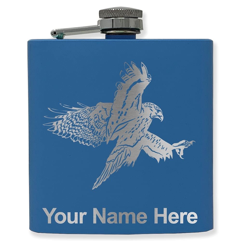6oz Stainless Steel Flask, Hawk, Personalized Engraving Included (Dark Blue)