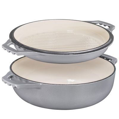 2-in-1 Enameled Cast Iron Cocotte Double Braiser Pan with Grill Lid 3.3 Quarts - Barbecue Grill Non Stick Frying Pan - Casserole Cookware Wide Handle (Grey)