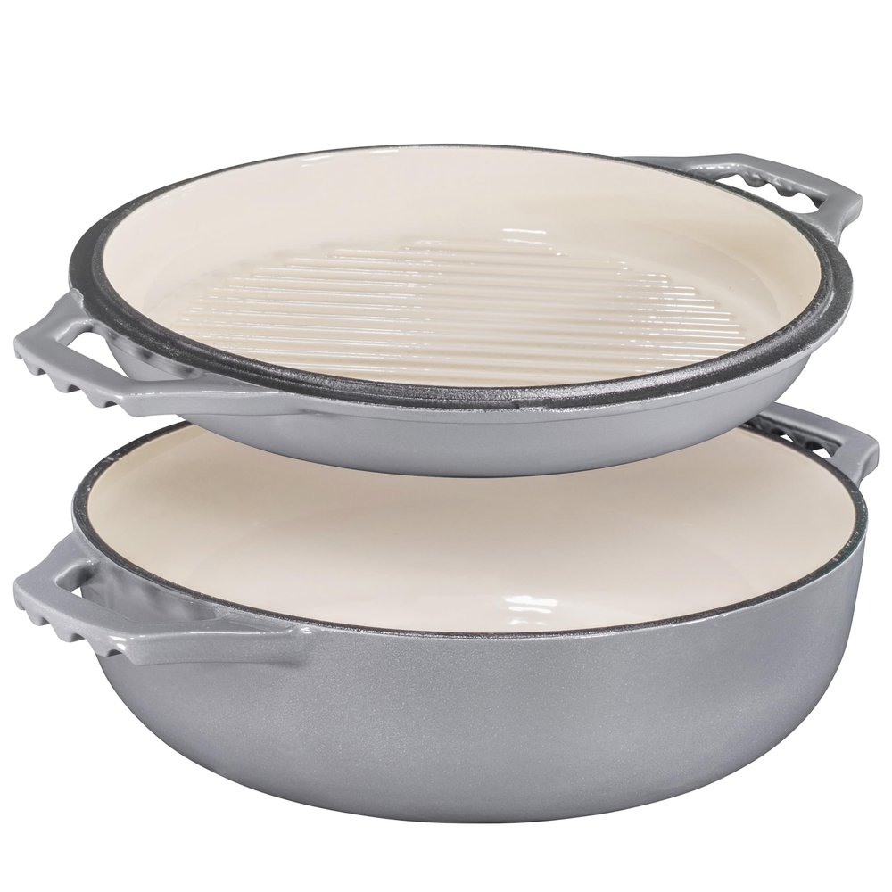 2-in-1 Enameled Cast Iron Cocotte Double Braiser Pan with Grill Lid 3.3 Quarts - Barbecue Grill Non Stick Frying Pan - Casserole Cookware Wide Handle (Grey)