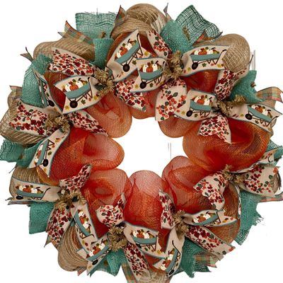 Harvest Wagon Autumn Ribbon Wreath Handmade Deco Mesh. Available in 24 inch and 28 inch diameters.