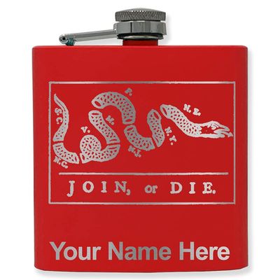 6oz Stainless Steel Flask, Join or Die, Personalized Engraving Included (Red)