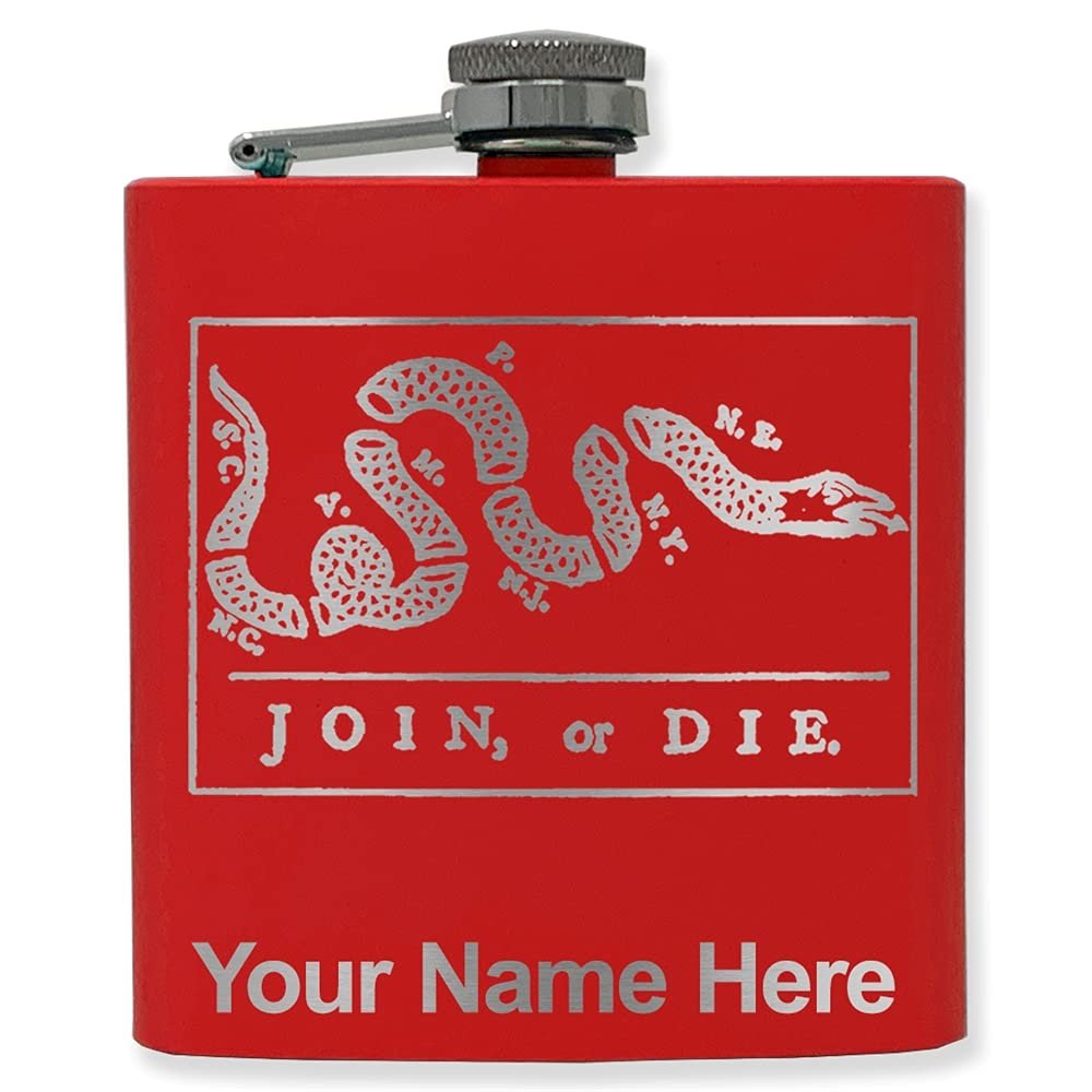 6oz Stainless Steel Flask, Join or Die, Personalized Engraving Included (Red)
