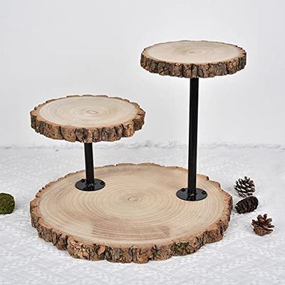 14'' Tall 3 Tier Wooden Cake Stand Wedding Tired Cupcake Stand Serving Tray Fruit Platter Cake Holder Cheese Plates Dessert Display Stand with Metal Pole