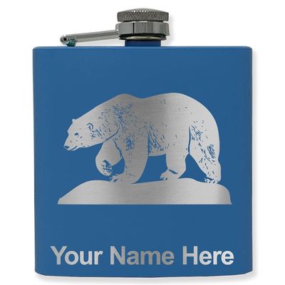 6oz Stainless Steel Flask, Polar Bear, Personalized Engraving Included (Dark Blue)
