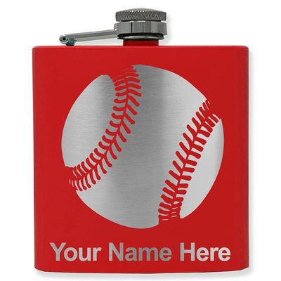 6oz Stainless Steel Flask, Baseball Ball, Personalized Engraving Included (Red)