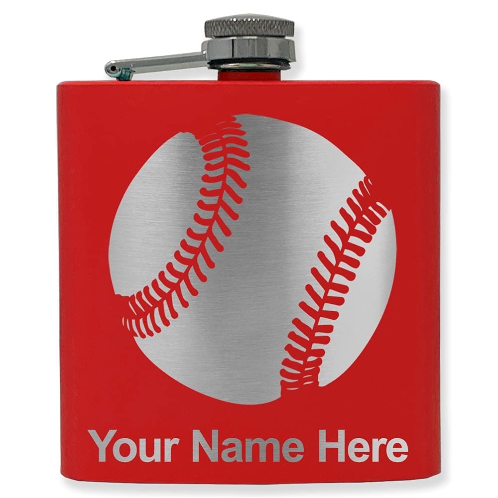 6oz Stainless Steel Flask, Baseball Ball, Personalized Engraving Included (Red)