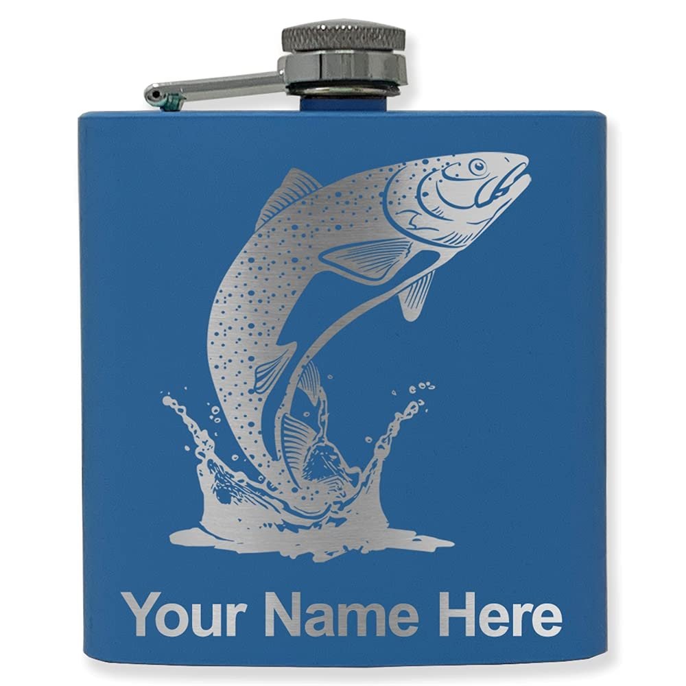 6oz Stainless Steel Flask, Trout Fish, Personalized Engraving Included (Dark Blue)