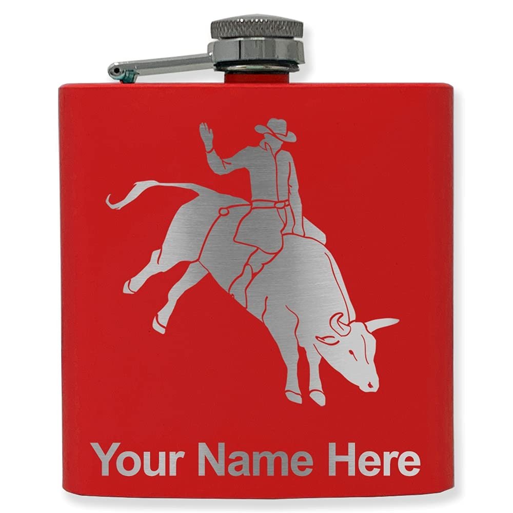 6oz Stainless Steel Flask, Bull Rider Cowboy, Personalized Engraving Included (Red)