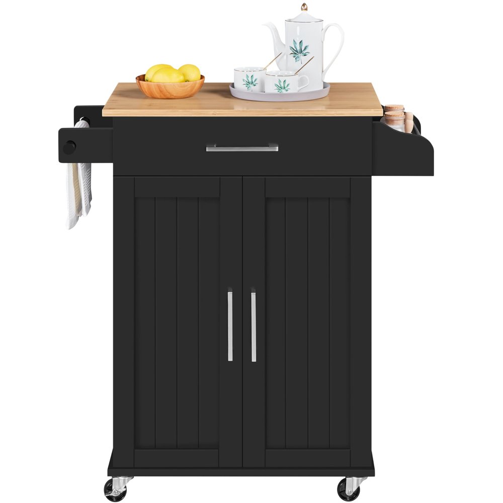 Topeakmart Kitchen Island On Wheels with Storage Cabinet and Drawer, Kitchen Trolley Cart with Spice Rack and Towel Bar for Dining Room, 26x18x36 Inches, Black