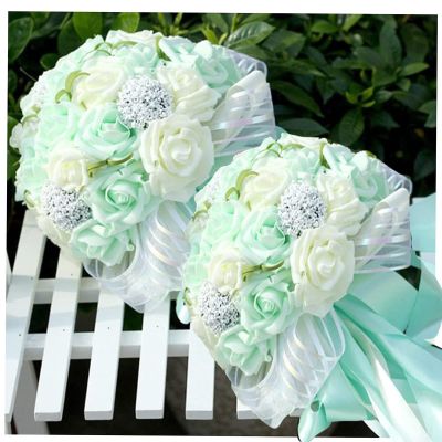 N.L.B Handmade White Bridesmaid Bouquet Crystal Brooch Bridal Wedding Bouquet Decor Mint Artificial Flowers (Mint-2pcs)