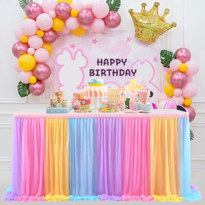 14ft Unicorn Tulle Table Skirt Tutu Rainbow Tablecloth for Birthday Party Baby Shower Girl Boy Wedding Party Dessert Buffet Banquet Table Decorations