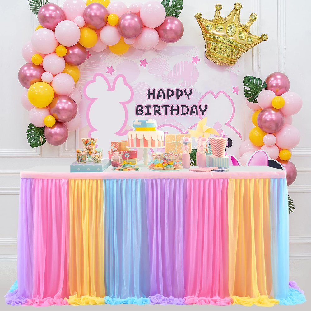 14ft Unicorn Tulle Table Skirt Tutu Rainbow Tablecloth for Birthday Party Baby Shower Girl Boy Wedding Party Dessert Buffet Banquet Table Decorations