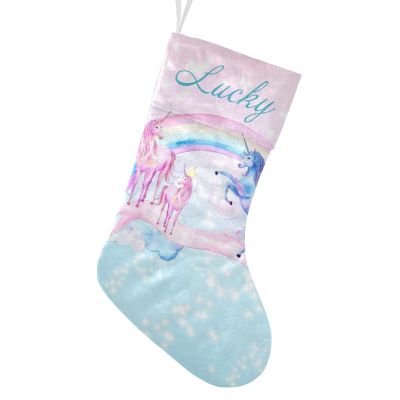 CUXWEOT Personalized Watercolor Unicorns Christmas Stockings Customize Name Candy Bag for Family Holiday Party Decorations Gift 17.52 x 7.87 Inch
