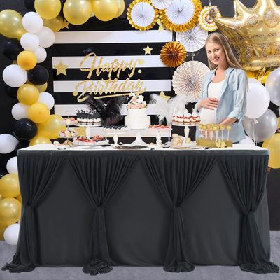 14ft Black Tulle Table Skirt for Rectangle Table or Round Tables Tutu Table Cloth for Birthday Party Baby Shower Wedding Parties Dessert Buffet Banquet Decorations