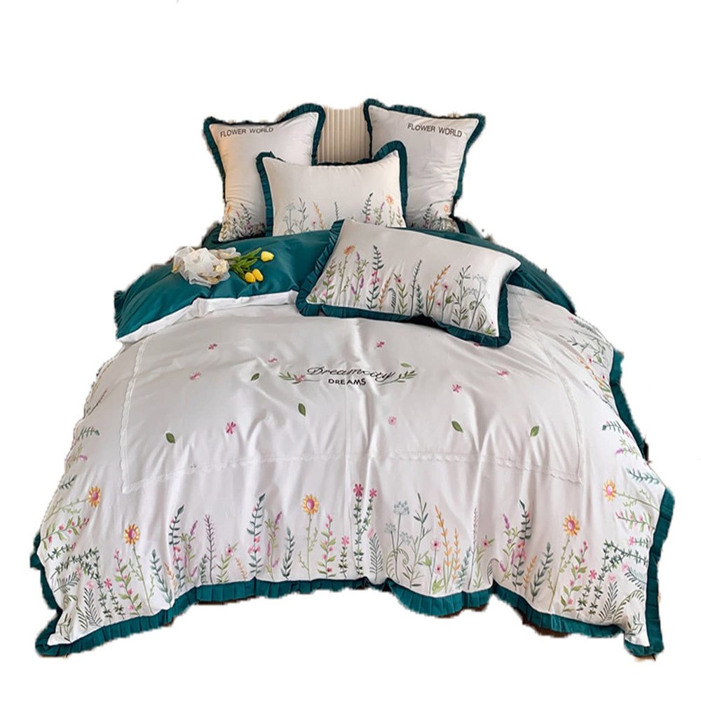 JXYJHBL Light Luxury Long-Staple Cotton Bed Sheet Four-Piece Embroidered lace Quilt Cover high-end Double Bed Supplies (1 Bed Sheet + 1 Quilt Cover + 2 Pillowcases)-1.5m
