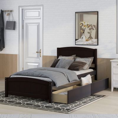 Harper & Bright Designs Twin Bed Frame, Wood Platform Bed with Two Drawers,Headboard, Footboard and Wood Slat Support (Espresso)