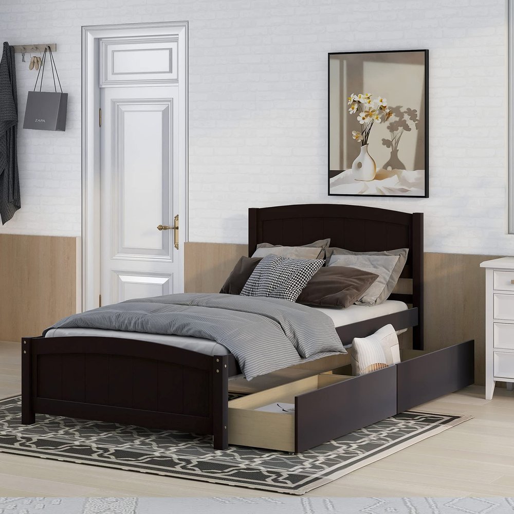 Harper & Bright Designs Twin Bed Frame, Wood Platform Bed with Two Drawers,Headboard, Footboard and Wood Slat Support (Espresso)