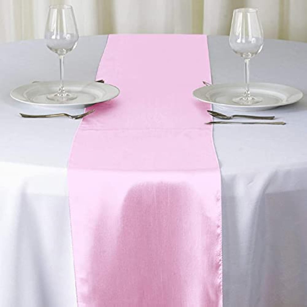 10 Pc 12 x 108 inch Long Charmeuse Satin Table Runners Bright Shiny Satin Silk and Smooth Fabric Runners for Table Decorations Great for Birthday Parties,Baby Shower Banquet Wedding - Pink