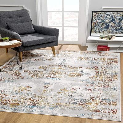 HomeRoots Multi 100% High Grade Polypropylene 4 x 6 Gray and Beige Distressed Ornate Area Rug